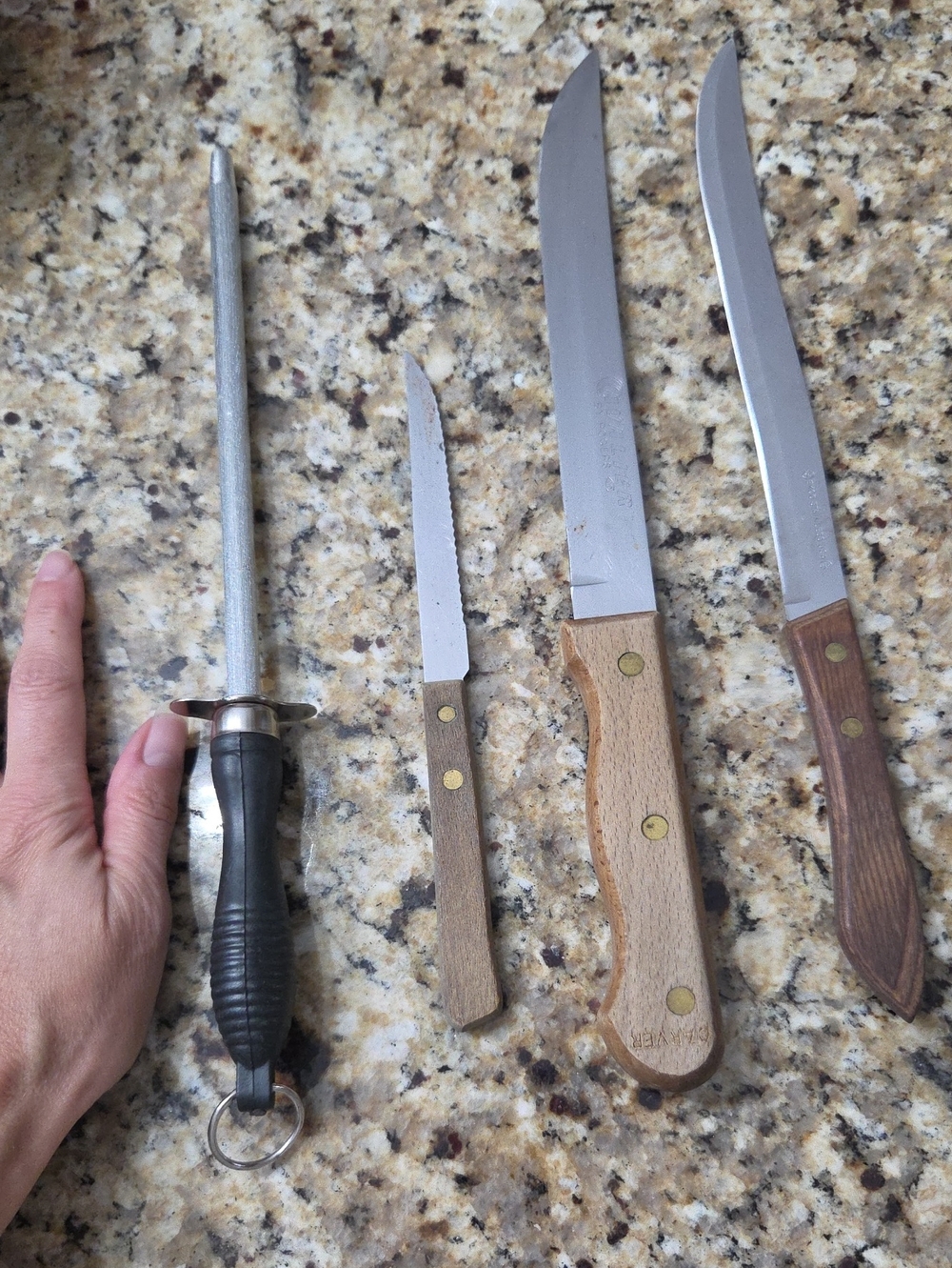 Wood-Handled Carving and Boning Knife  with Steel Rod Sharpener - Brown